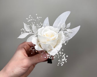 Wedding Boutonniere White Groom Wedding Groomsmen Boutonnière Ivory Artificial Flowers White Rose Classic Corsage White