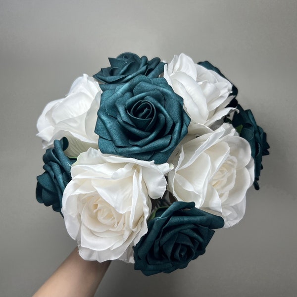 Wedding Teal Blue Bouquet White Bridal Turquoise Bridesmaids Bouquet Gold Teal Ivory Artificial Flowers Emerland Green Bouquet Dark Teal