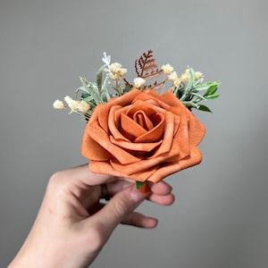 Rust Boutonniere Wedding Groom Burnt Orange Boutonnière Terracotta Groomsmen  Boutonnière Rust Orange Groom Artificial Flowers Foam