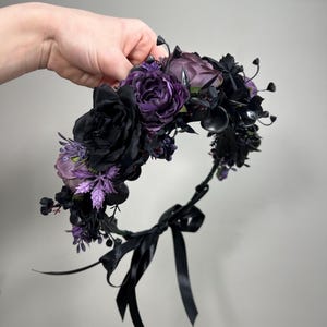 Black Purple Flower Crown Black Wedding Crown Gothic Floral Headband Black Flower Adult Crown Flower Girl Wreath Plum Black Crown Hair