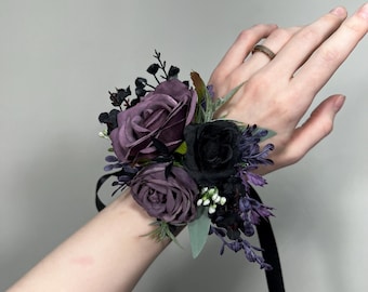 Black Purple Corsage Wedding Gothic Wrist Corsage Bridesmaids Black Plum Corsage Mom Plum Black Dark Purple Corsage Prom Artificial Flower