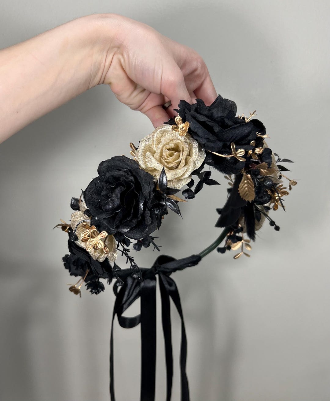 Black Flower Crown Gold Wedding Crown Gothic Floral Headband Flower ...