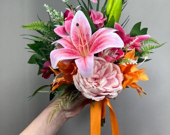 Tropical Lily Wedding Bouquet, Pink Orange Bridal Bouquet, Hawaiian Bright Flowers, Summer Bouquet, Tropical Wedding Flowers Hot Pink Blush