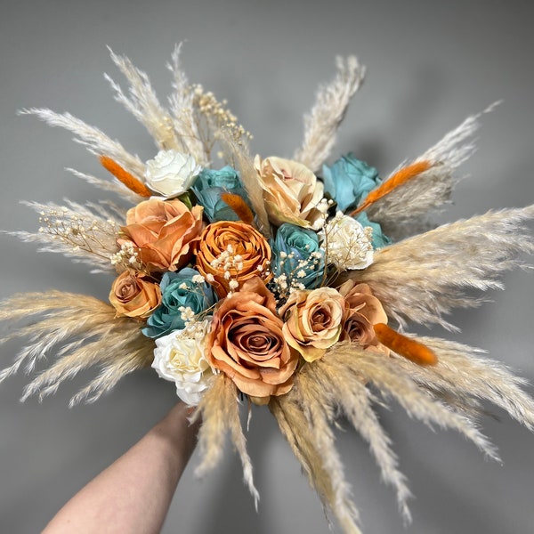 Wedding Terracotta Bouquet Bridal Teal Bridesmaids Bouquet Boho White Ivory Rust Pampas Grass Blue Terracotta Teal Artificial Flower