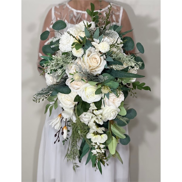 Wedding White Bouquet Cascade Bridesmaids Bridal Cascading Bouquet Wedding Bouquet Ivory Decor Eucalyptus Handmade Sage Flower Artificial