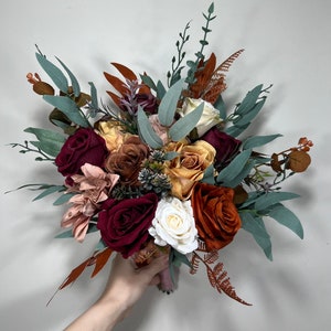 Wedding Bouquet Rust Burgundy Dusty Rose Bouquet Bridal Terracotta Cinnamon Bridesmaids Bouquet Burnt Orange Ivory Fall Artificial Flower
