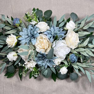 Dusty Blue Arch Arrangements Wedding Blue White Arbor Arrangement Dusty Blue Ivory Wall Decor Dahlia Blue White Swag Arch Arrangements