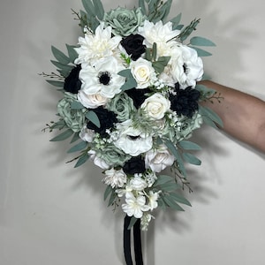 Dusty Sage Bouquet Bridal Cascade White Sage Green Bridesmaids Bouquet Anemone Ivory Black Green Cascading Bouquet Sage Artificial Flower