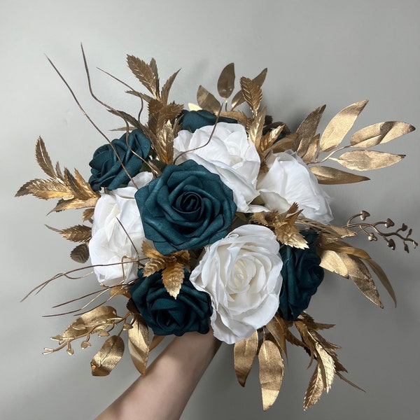 Wedding Teal Blue Bouquet White Bridal Turquoise Bridesmaids Bouquet Gold Teal Ivory Artificial Flowers Emerland Green Bouquet Dark Teal