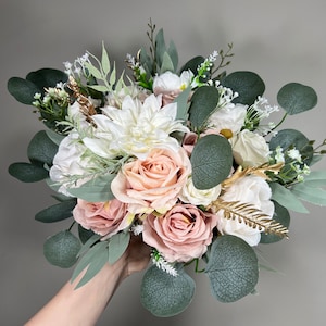 Wedding Bouquet Dusty Rose Bridal Blush Dahlia Wedding Bouquet Ivory Bridesmaids Decor Eucalyptus Pink Flower White Spring Artificial Flower