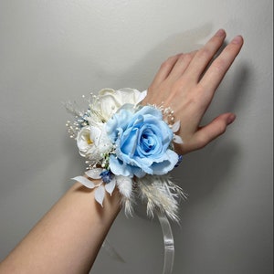 Wedding Blue Corsage White Boho Wedding Wrist Corsage Bridesmaids Decor Dusty Blue Ivory Corsage Accessories Mom Corsage Artificial Flowers