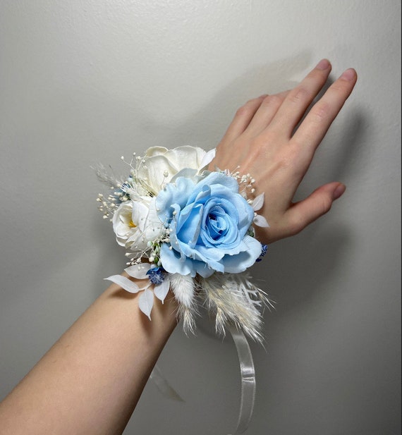 corsage for light blue dress Bulk Navy Dahlia Wrist Corsage with Blue Berry Wholesale — Artificialmerch main image 0