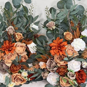 Wedding Aisle Marker Flower Floor Arrangement Whiskey Barrel Décor Burnt Orange Ground Arch White Terracotta Décor Rust Brown Fall Colors