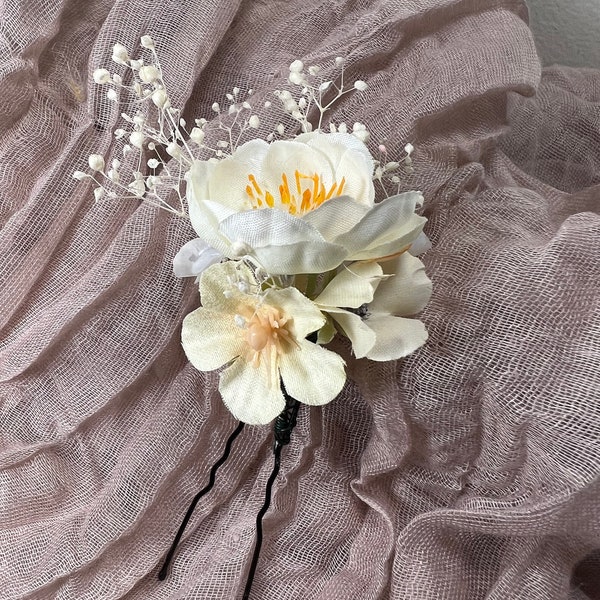 Wedding Hair Pin White Flower Girl Headpiece Floral Bridesmaids Hair Pin Accessories Artificial Dried Flowers Baby Breath Hair Pin Ivory