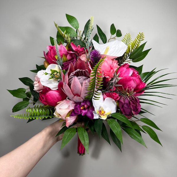 Wedding Fuchsia Bouquet Bridal Viva Magenta Bridesmaids Bouquet Hot Pink Deep Pink Orchid Protea Pink Bouquet White Artificial Flower