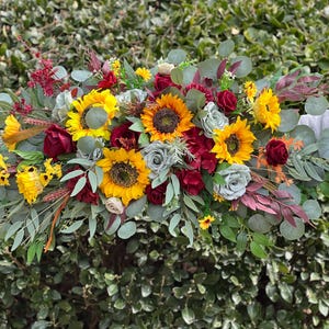 Sunflower Arch Arrangement Boho Sunflower Burgundy Arbor Arrangement Sunflower Sage Green Arch Arrangement Maroon Sunflower Decor Greenery