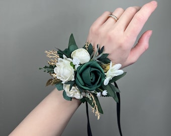 Ramillete verde esmeralda para boda, blanco, verde cazador, dorado, para muñeca, para damas de honor, eucalipto, verde oscuro, para graduación, flores artificiales.