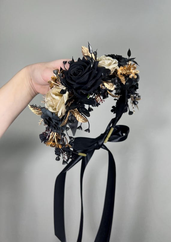 Black Flower Crown Gold Wedding Crown Gothic Floral Headband  display picture 2