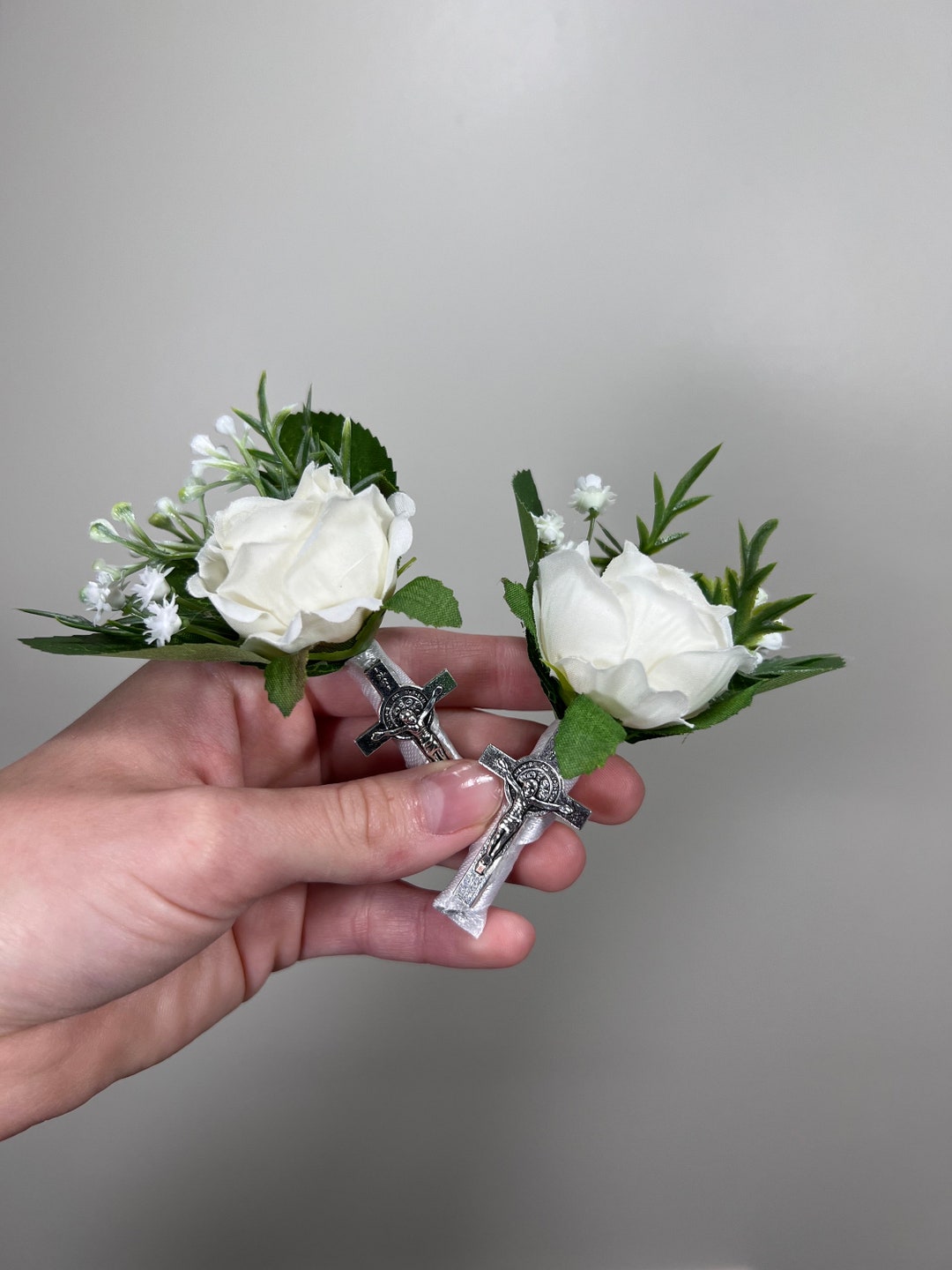 Christian Boutonniere With Cross Pin on Corsage Wrist Groom