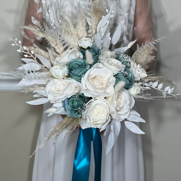 Wedding Teal Bouquet White Boho Bridal Ivory Wedding Teal Cascading Bouquet Blue Pampas Grass White Decor Bunny Tails Artificial Flower