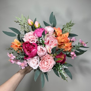 Wedding Pink Bouquet Wild Flower  Bridal Dusty Rose Bouquet Bridesmaids White Orange Eucalyptus Fuchsia Spring Peony Artificial Flower