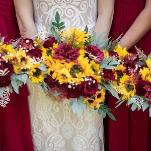 Sunflower Bouquet Wedding Bridal Sunflower Burgundy Bouquet Bridesmaids Fall Decor Sunflower Red Baby Breath Artificial Flower