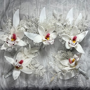 Wedding Orchid Boutonniere Rustic White Wedding Ivory Groom Orchid Boutonnière Groomsmen Decor Baby Breath Artificial Flower Tropical Orchid