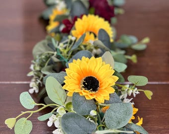 Sunflower Garland Wedding Table Runner Aisle Arrangement Arch Sunflower Burgundy Silver Dollar Sunflower Eucalyptus Garland Greenery
