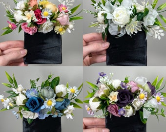 Boutonnière de poche mariage blanc marié boutonnière violet carré garçons d'honneur boutonnière de poche violet décor rustique fleurs artificielles sauvages