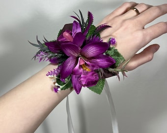 Wedding Purple Corsage Orchid Wrist Dark Purple Corsage Bridesmaids Decor Corsage Mom Accessories Tropical Orchid Corsage Artificial Flowers