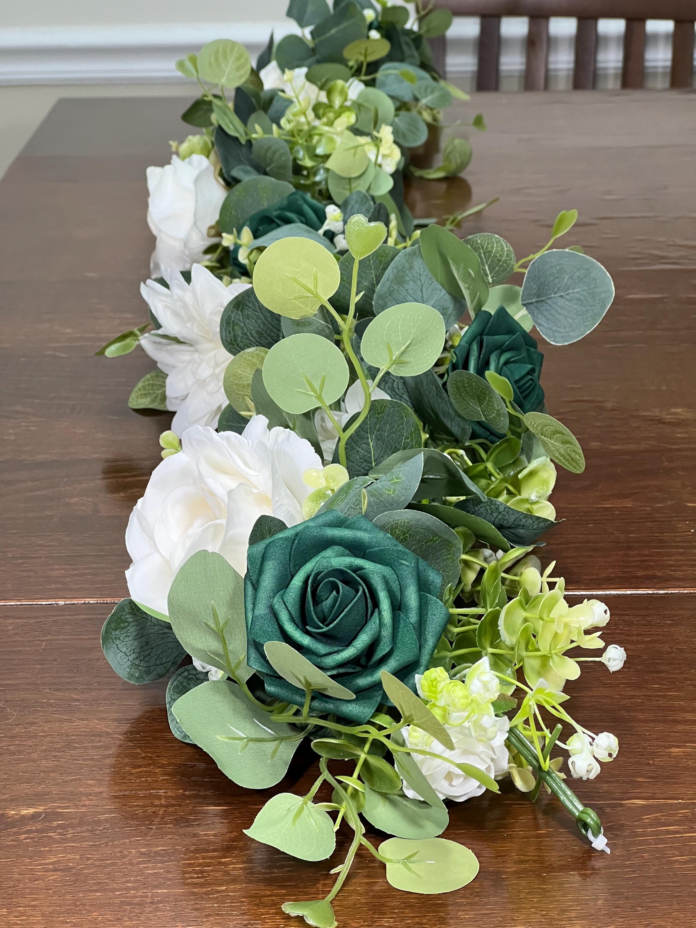 White Green Garland Wedding Table Run...
