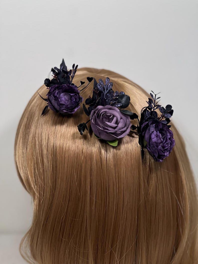 Svart Lila Hårspänne Gotiskt Bröllop Hårspännen Blommigt Plommon Svart Håraccessoarer Konstgjord Blomma Peruk Svart Mörklila bild 9