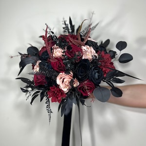 Wedding Bouquet Black Burgundy Gothic Bridal Dusty Rose Halloween Bouquet Black Bridesmaids Boquuet Black Burgundy Artificial Flower