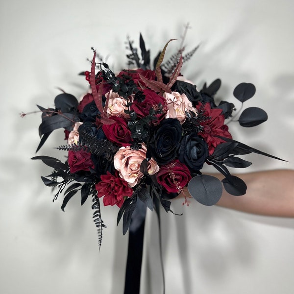 Wedding Bouquet Black Burgundy Gothic Bridal Dusty Rose Halloween Bouquet Black Bridesmaids Bouquet Black Burgundy Artificial Flower