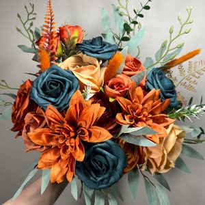 Dark Teal Bouquet Wedding Bridal Terracotta Bridesmaids Orange Bouquet Dark Teal Rust Artificial Flowers Bouquet Burnt Orange Teal