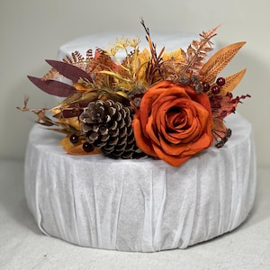 Fall Cake Decoration Wedding Burnt Orange Cake Flower Arrangement Pine Cone Rustic Cake Decor Artificial Flowers Terracotta Floral Cake