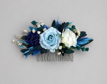 Blauw witte haarkam, bruiloft stoffige blauwe haarstuk bruids, lichtblauwe roos haaraccessoires, bruidsmeisjes decoratieve kam kunstbloemen