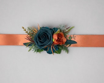 Cinturón de flores naranja verdoso, fajín de niña de las flores terracota verdoso azul, flor artificial rústica naranja quemada para boda, fajín de damas de honor para vestido de novia