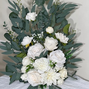 Wedding Aisle Marker Flower Floor Arrangement Whiskey Barrel Décor White Ground Arch IvoryDusty Rose Floor Eucalyptus