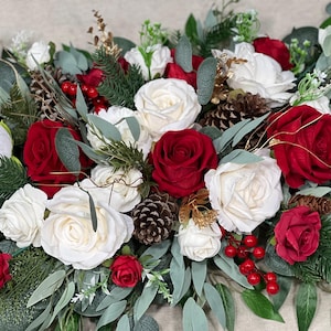 Christmas Arch Arrangement Wedding White Red Arbor Arrangement Pine Cone Backdrop Christmas White Arch Arrangement Red Gold Pine Tree
