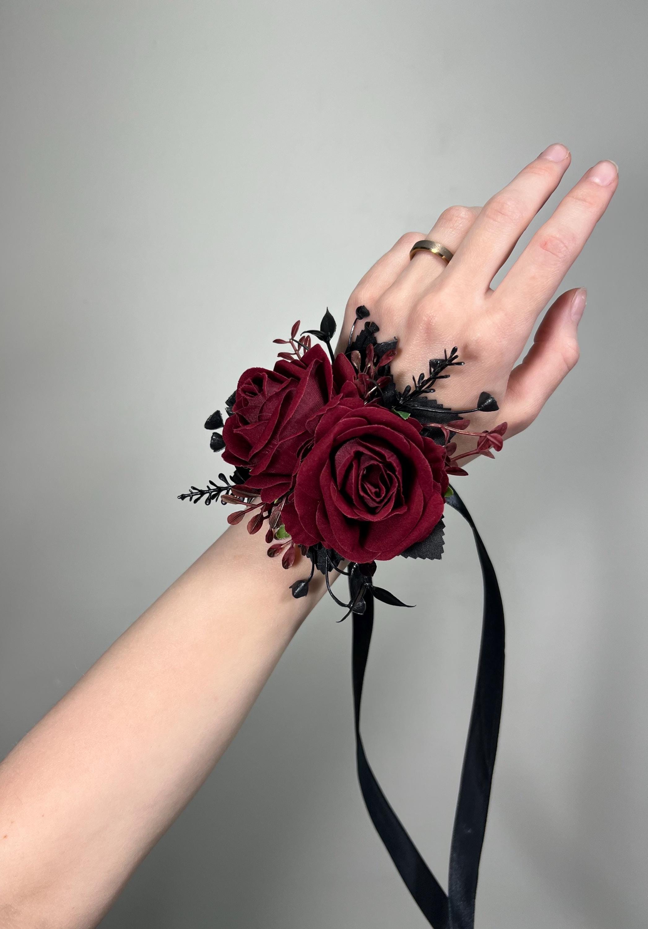 Burgundy Corsage Black Wedding Wrist Corsage Maroon Black Mom Corsage Wine Red Black Bridesmaids Corsage Prom Burgundy Artificial Flower