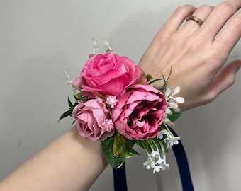 Wedding Corsage Pink Wedding Wrist Corsage Fuchsia Bridesmaids Corsage Viva Magenta Corsage Pink Boutonniere Dusty Rose Artificial Flowers