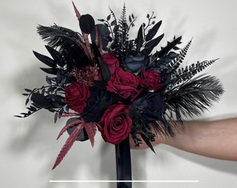 Wedding Bouquet Black Ostrich Feathers Burgundy Bridal Gothic Wedding Halloween Bouquet Bridesmaids Black Decor Burgundy Artificial Flowers