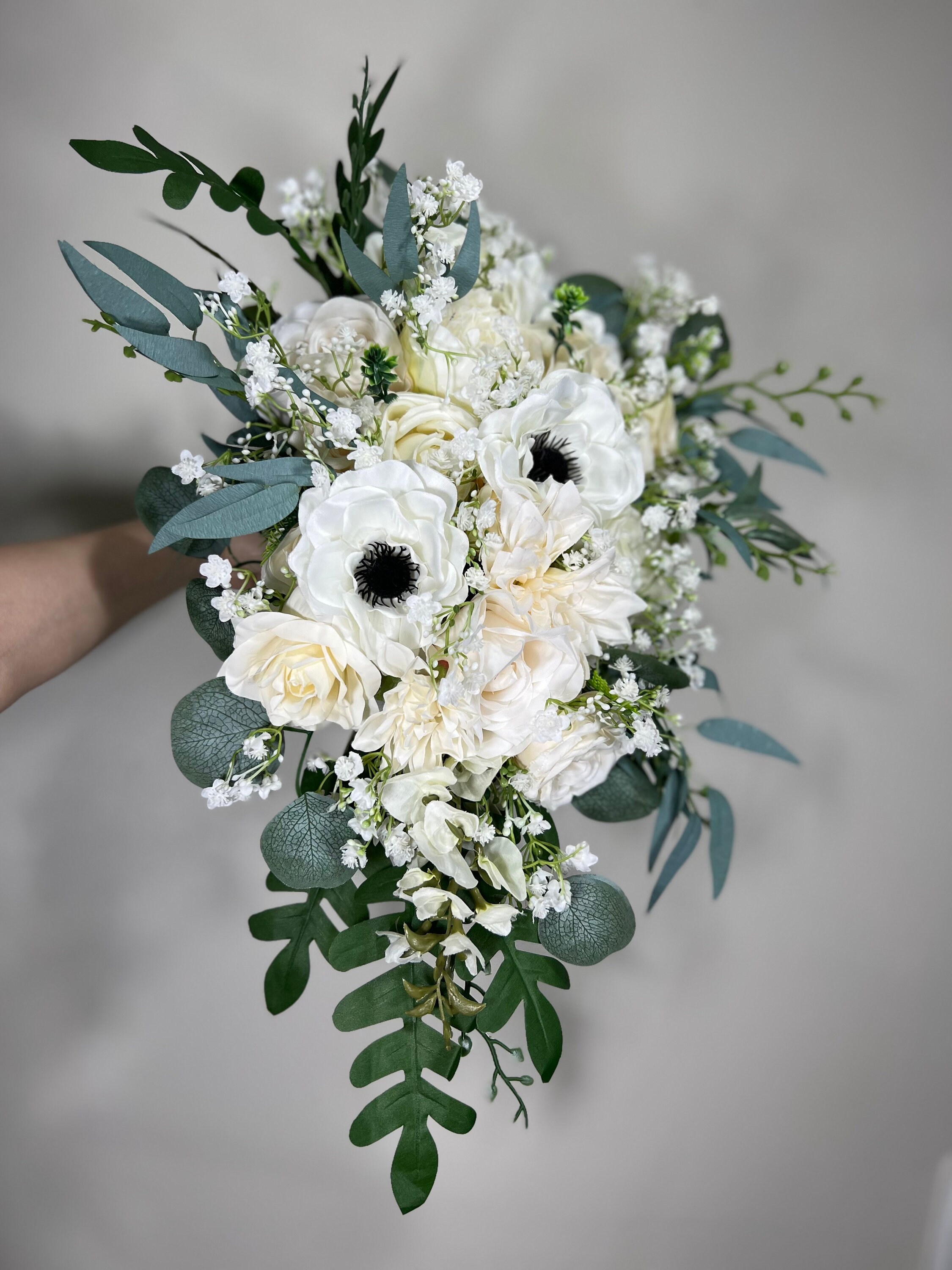 Wedding Cascade Bouquet Anemone White Baby Breath Cascading Bridal