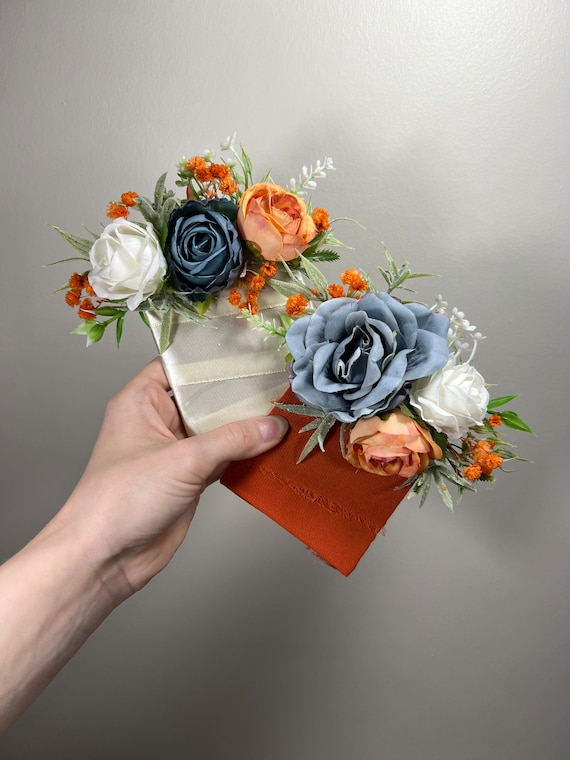 Blue Orange Pocket Boutonniere Wedding Dusty Blue Terracotta Groom