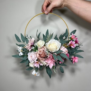 Wedding Hoop Pink White Floral Hoop Alternative Bridesmaids Bouquet Ring Dusty Rose Wreath Flower Girl Hoop Ivory Spring Artificial Flower