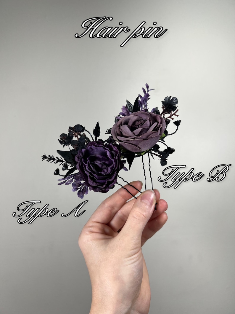 Svart Lila Hårspänne Gotiskt Bröllop Hårspännen Blommigt Plommon Svart Håraccessoarer Konstgjord Blomma Peruk Svart Mörklila bild 4