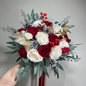 Wedding Christmas Bouquet Bridal Red White Rustic Bridesmaids Decor Gold Christmas Tree Winter Snow Pine Cone Red Berries Artificial