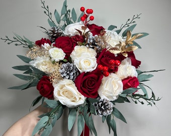 Wedding Christmas Bouquet Bridal Red White Rustic Bridesmaids Decor Gold Christmas Tree Winter Snow Pine Cone Red Berries Artificial