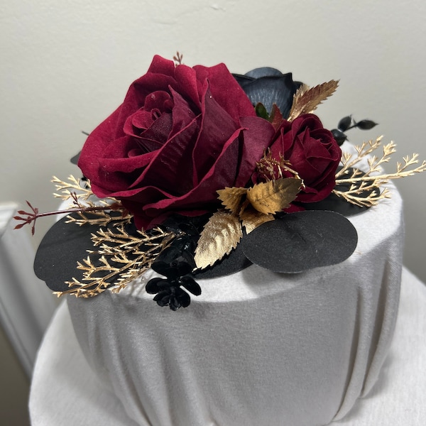 Cake Decoration Wedding Burgundy Topper Decor Black Cake Arrangements Wedding Gold Gothic Decoration Table Centerpiece Artificial Flowers